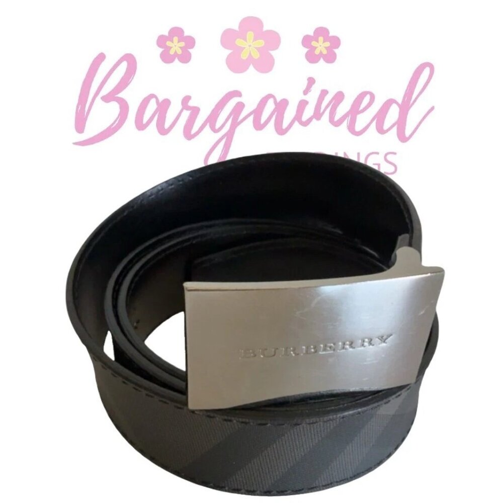 Auth Burberry Grey Check Shimmer Leather Silver Square Buckle Belt 40/100